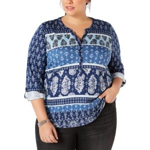 Style & Co Plus Size Printed Split Neck Henley Top